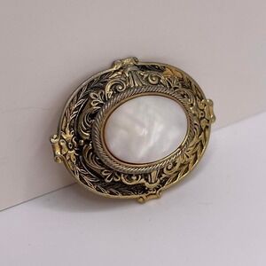 VTG Gothic Revival Victorian Filigree Brooch Brass Mother of Pearl Antique Cameo